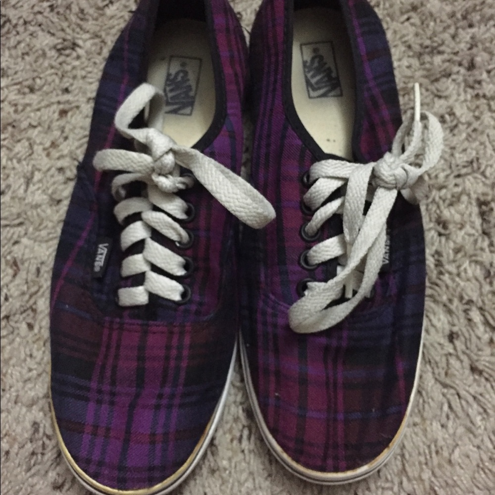 Purple and black plaid low top Vans